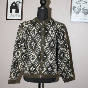Jersild Womens Vintage Wool Sweater Green Black Grandma Cardigan Size Large